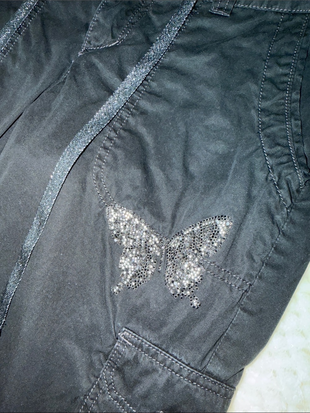 Express Black Straight Leg Cargo Pants with Rhinestone Butterfly Accent - Picture 3 of 6